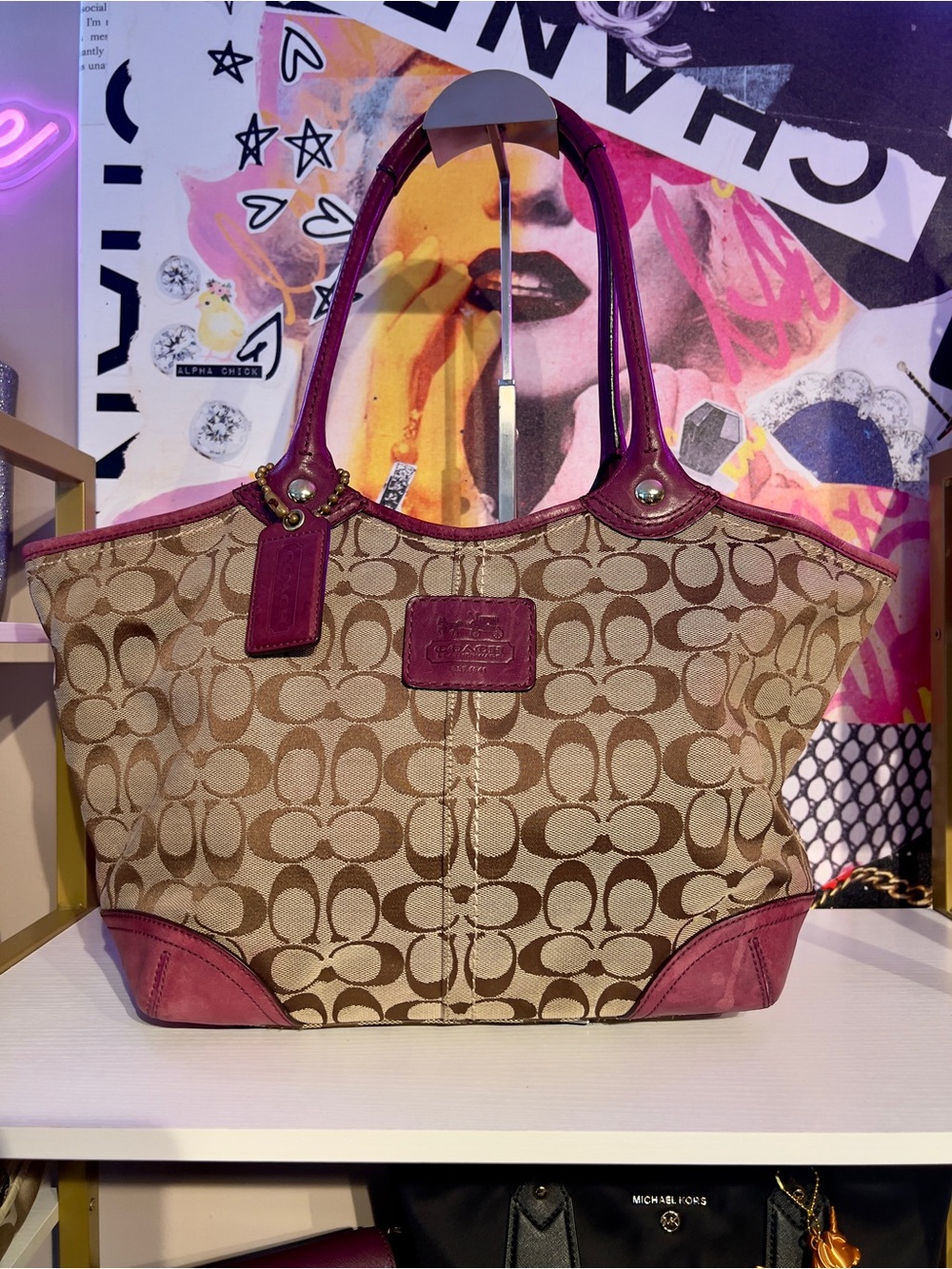 Coach Bleecker signature canvas tote bag with burgundy leather trim